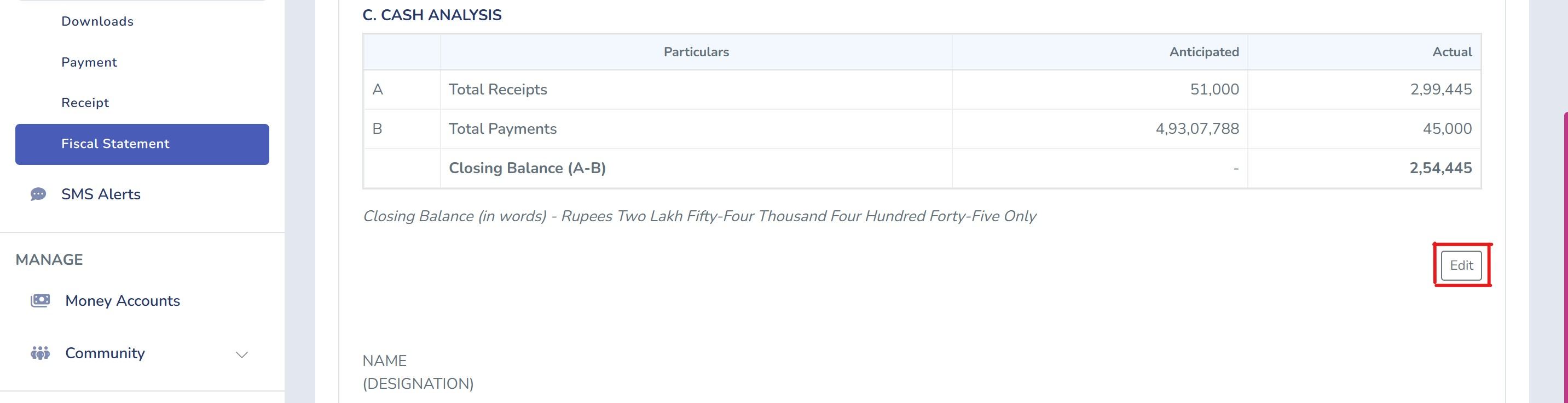 Edit button on fiscal statement cash analysis section