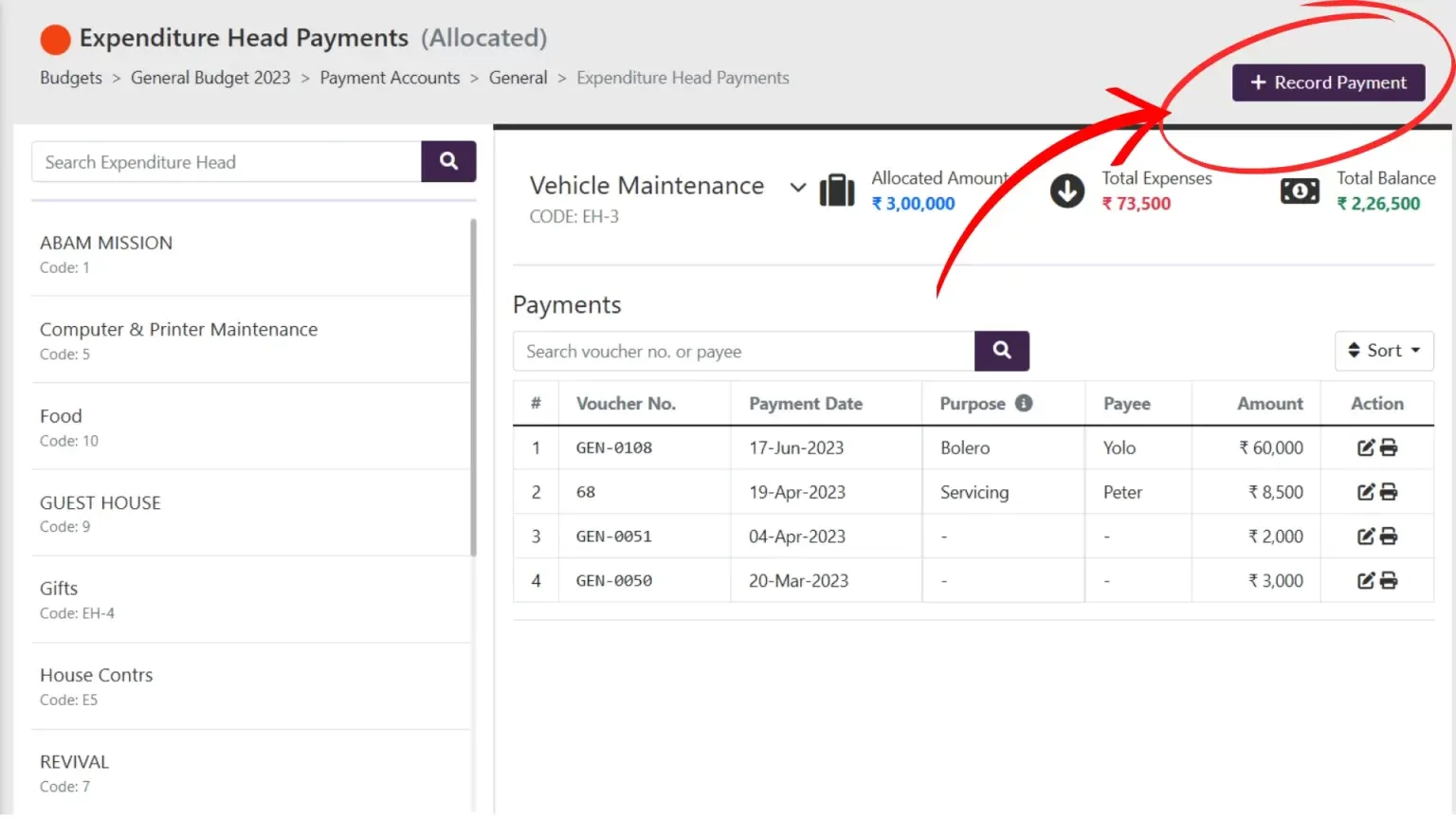 A screenshot of the Tabernacle software showing the 'Payments' dashboard where church expenses are recorded by category, date, and amount for clear financial tracking.