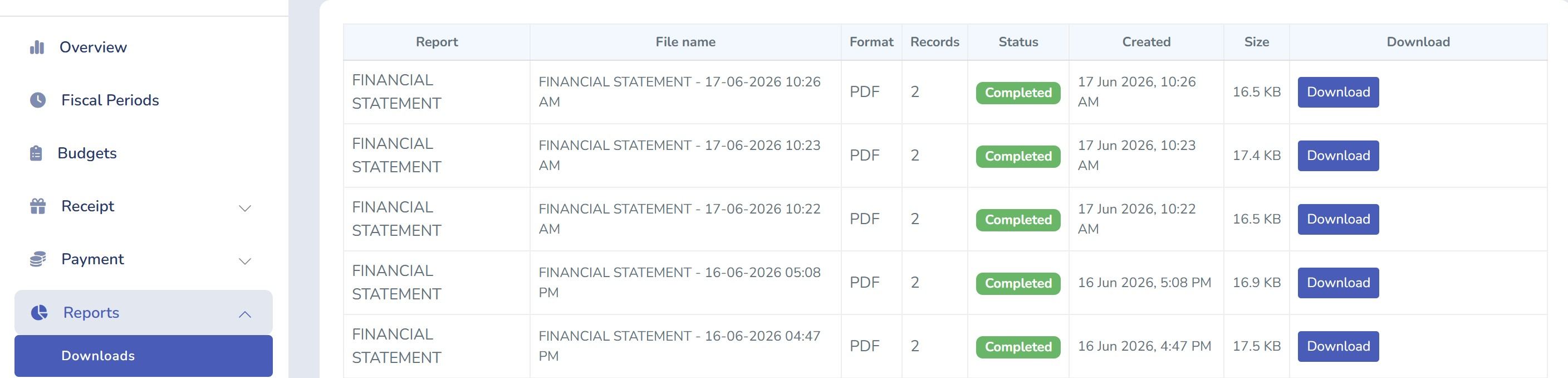 Tabernacle Reports Downloads tab showing completed financial statement PDFs