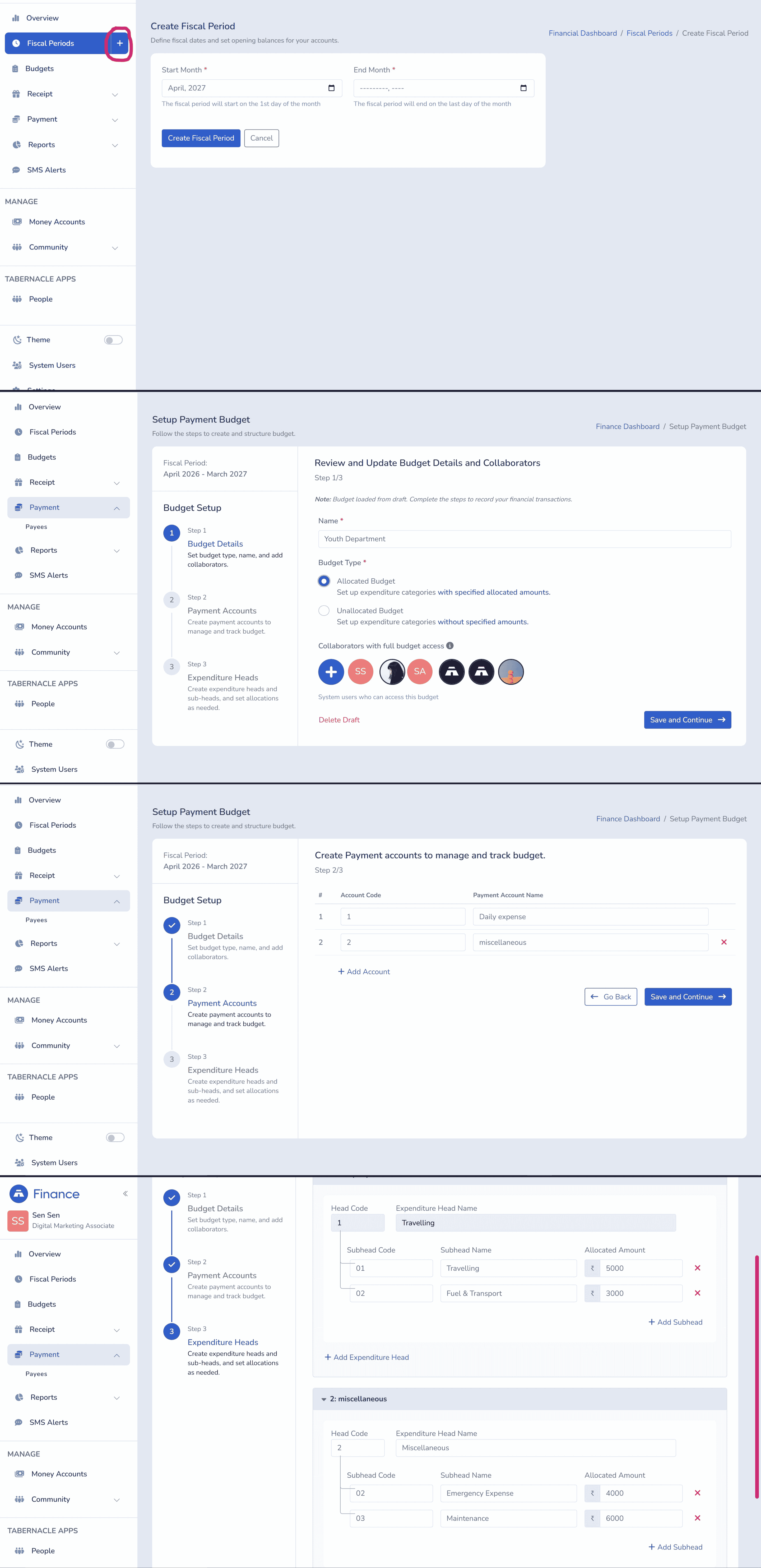Step-by-step guide showing how to configure church finances in Tabernacle software by creating a fiscal period, setting up a payment budget, and linking payment accounts.