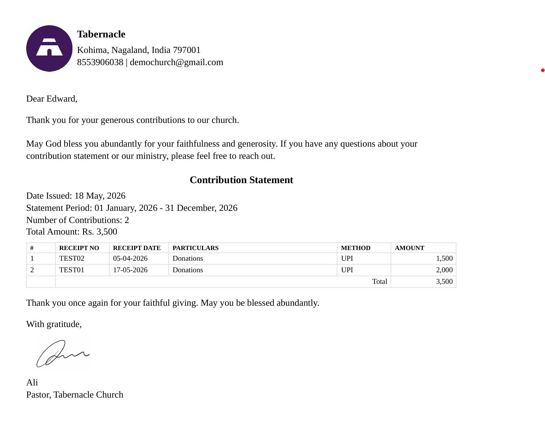 church donor receipt generation showing individual contributor statement with tithes and donation details in Tabernacle