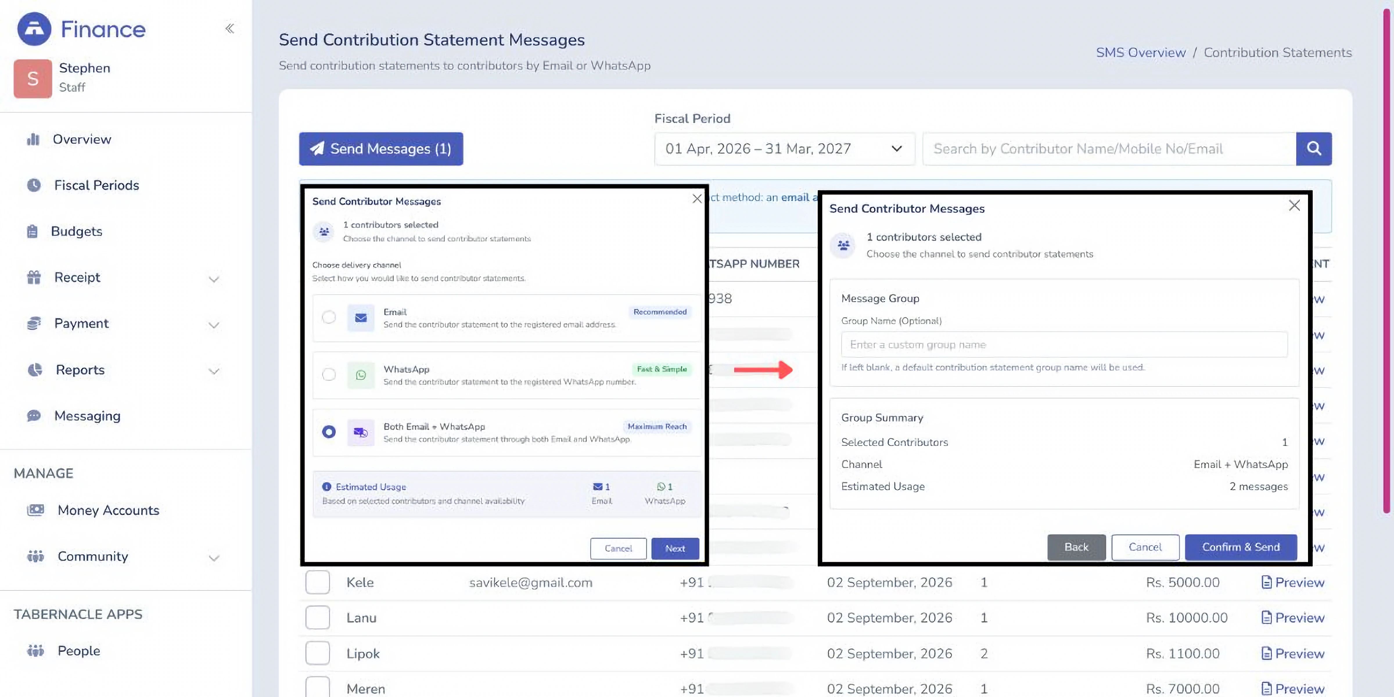 Tabernacle church software modal dialog for customizing and sending individual contribution statements to members&nbsp;