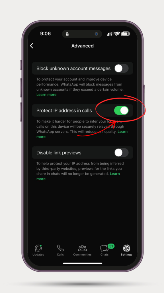 A smartphone screen showing WhatsApp's Advanced Privacy settings with the 'Protect IP Address in Calls' toggle switched on, illustrating a key step in preventing location tracking.