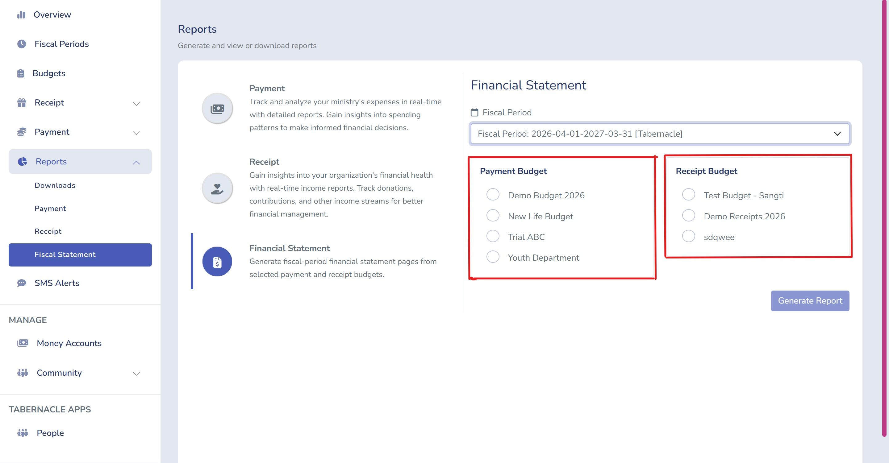 choosing payment budget and receipt budget for fiscal statement report