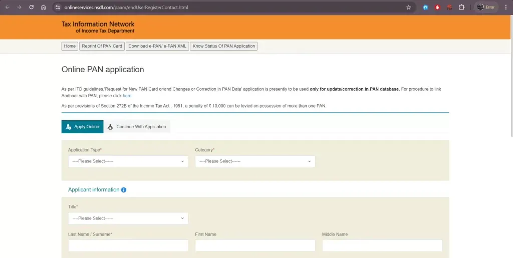 A screenshot of the official Tax Information Network website showing the 'Online PAN application' form, highlighting Step 1 of the registration process for Indian churches and organizations.