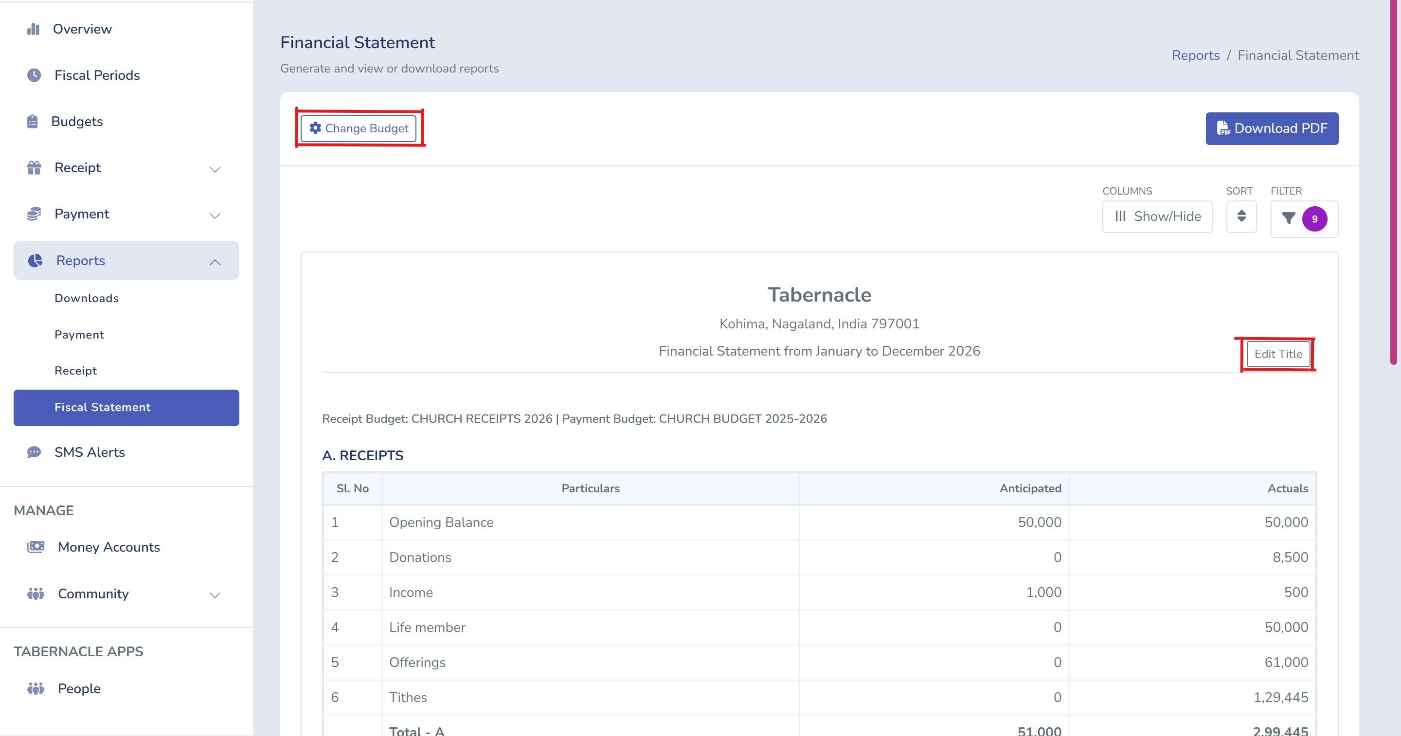 Change Budget and Edit Title options on generated fiscal statement