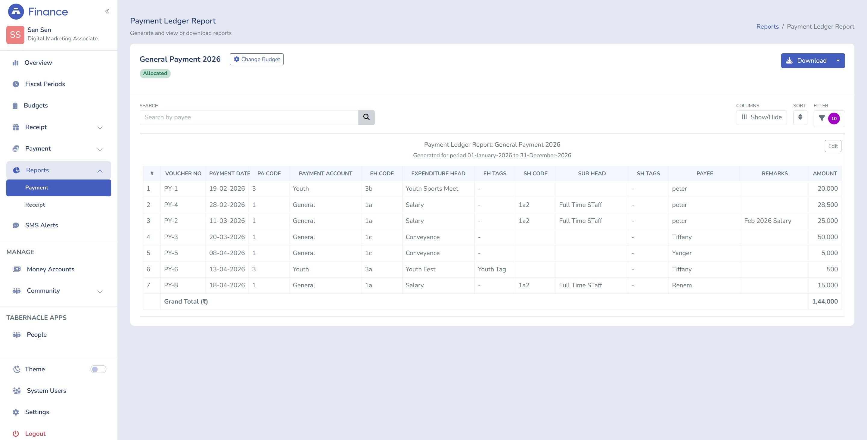 church payment tracking payee directory showing vendors and staff payment history in Tabernacle church financial management software