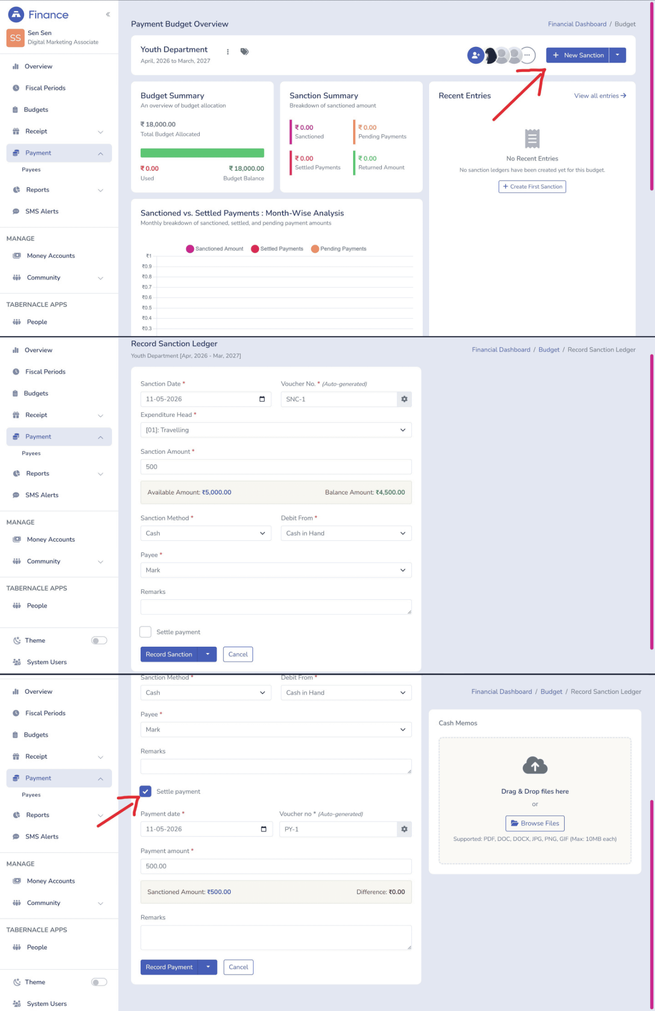 Step-by-step tutorial showing the Tabernacle software Payment Budget Overview panel, recording a new sanction ledger, and processing a payment transaction.