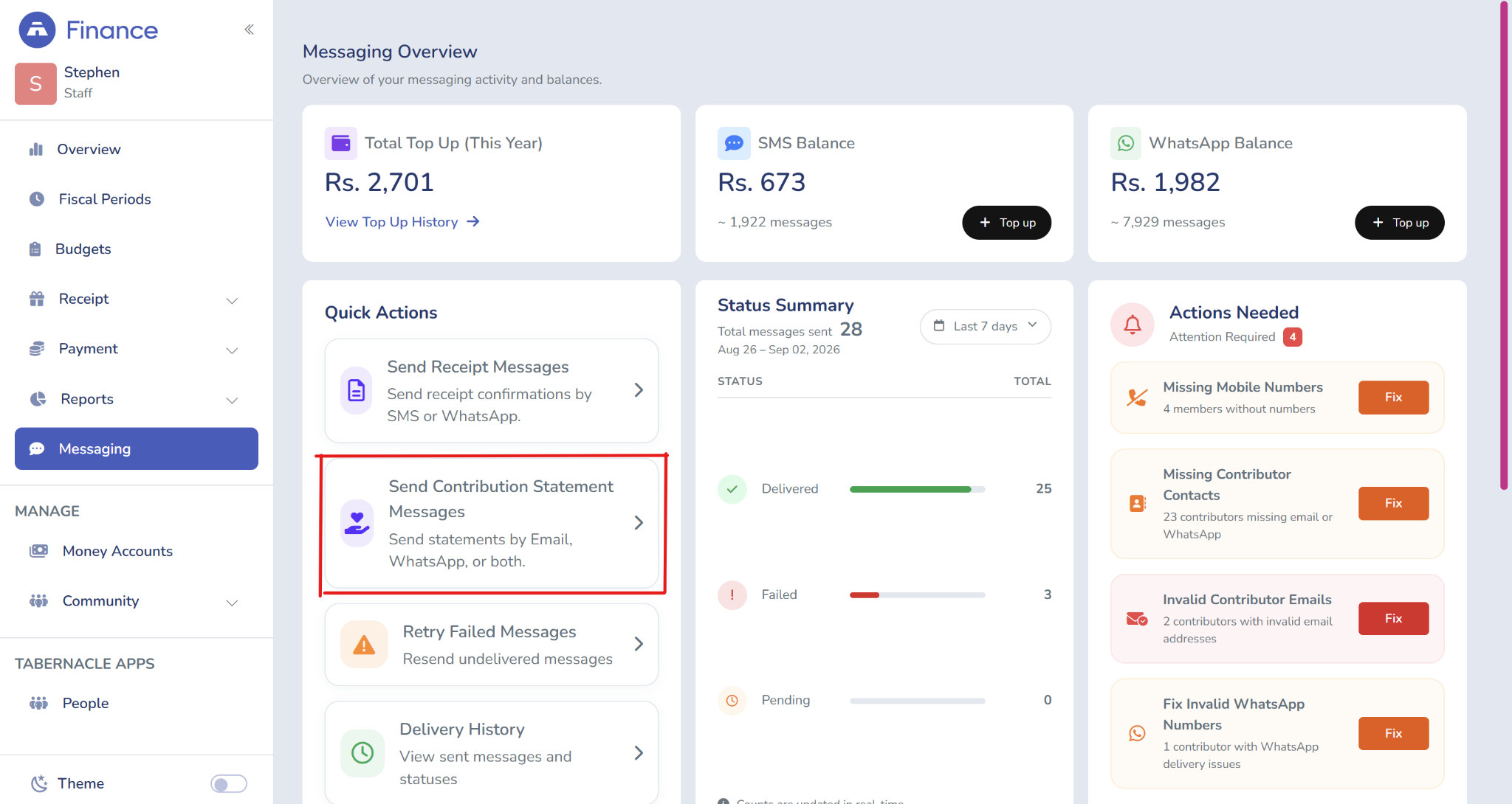 Tabernacle finance module messaging dashboard showing quick action to send automated contribution statements via WhatsApp&nbsp;