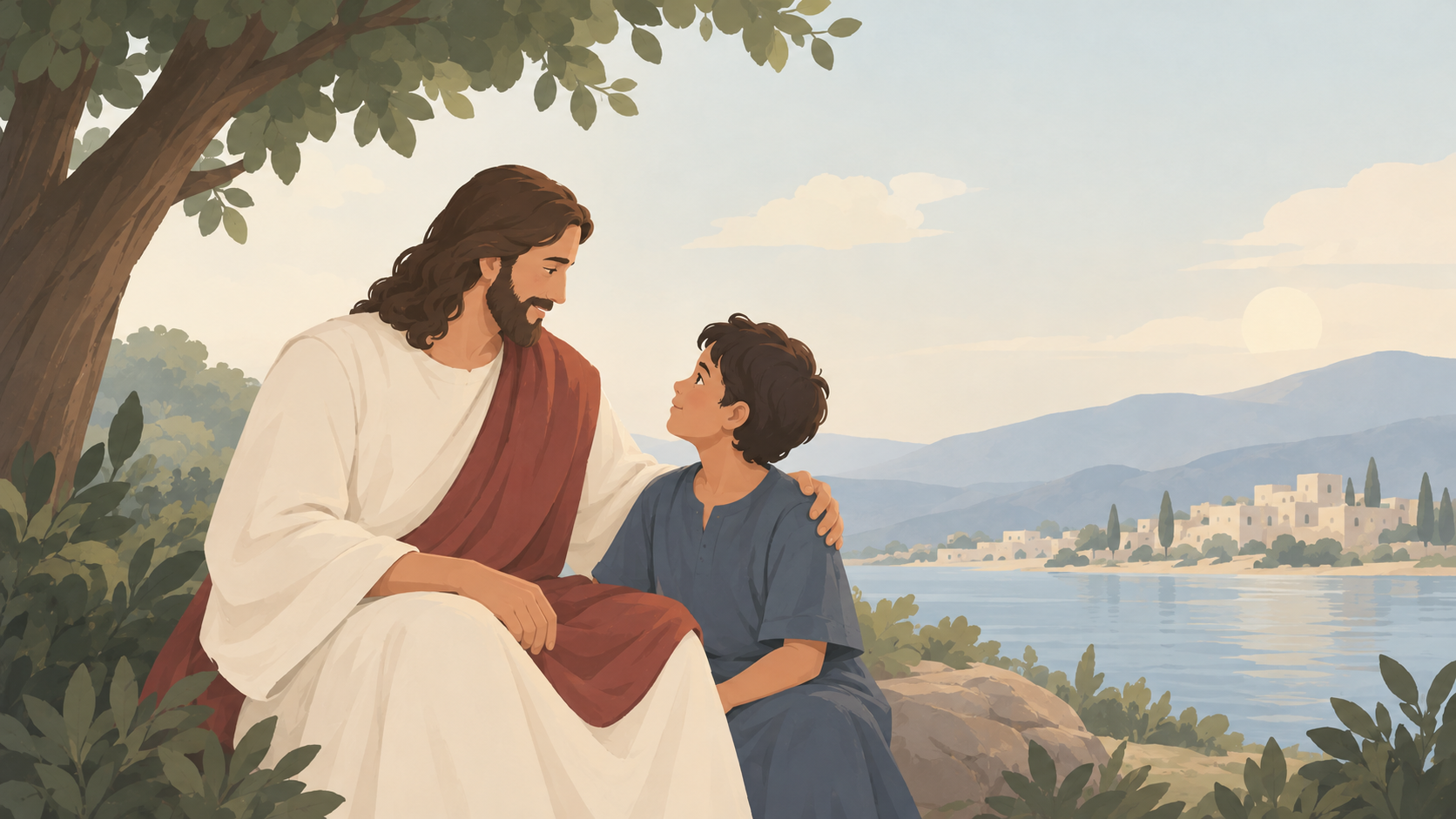 Illustration of Jesus Christ comforting a young child outdoors near a lake, representing Jesus quotes about love
