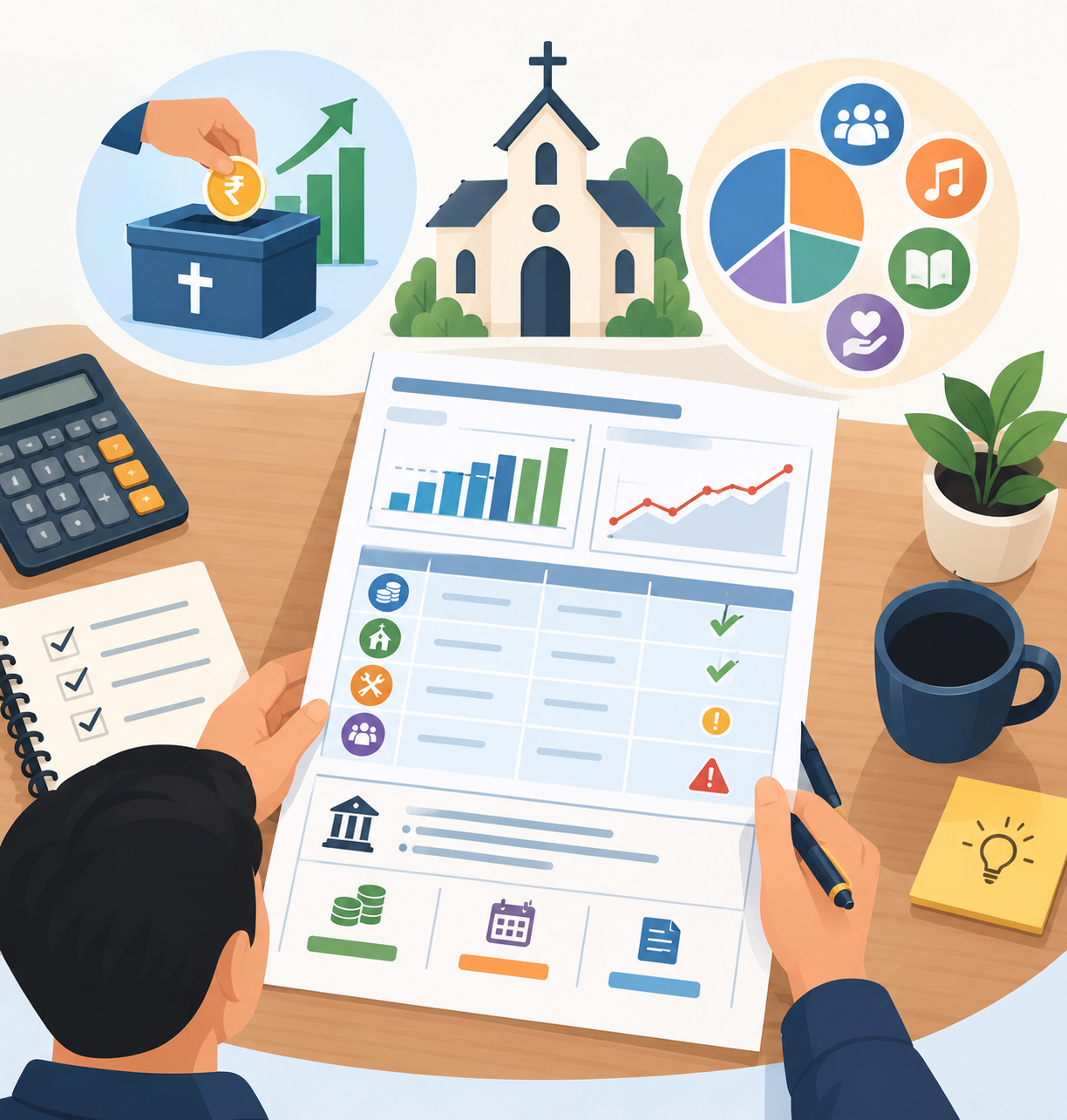 Example one-page monthly church financial report with income, spending, and bank balance