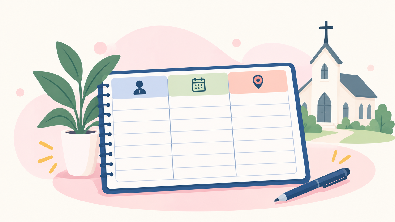 Illustration of an open schedule planner with member, calendar, and location icons next to a church building