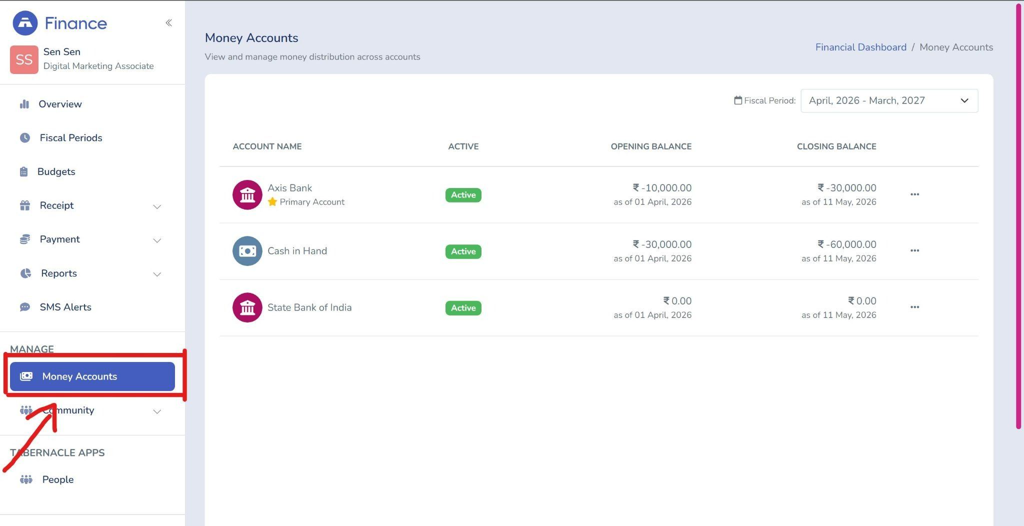 Tabernacle software Money Accounts dashboard displaying real-time tracking of bank balances, cash in hand, opening balances, and closing balances for church financial management.