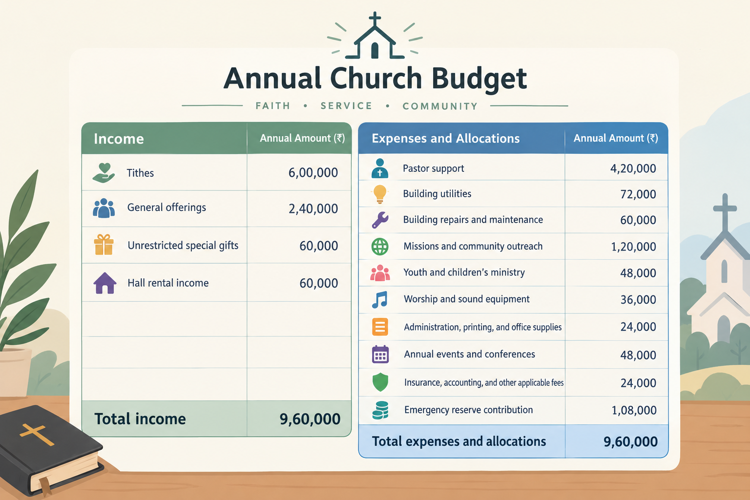 Example annual church budget with income sources and expense categories