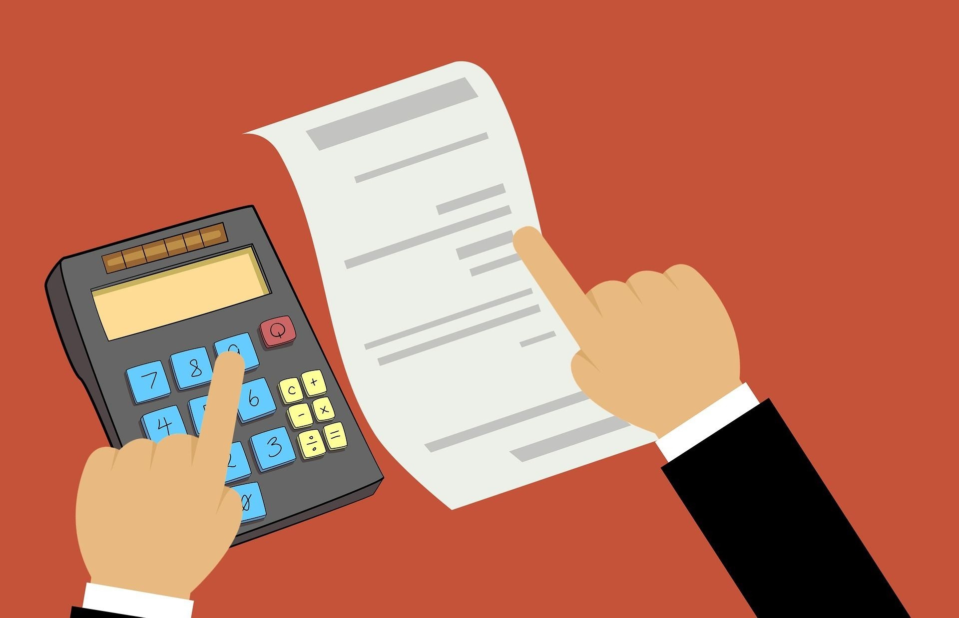 Illustration of hands using a calculator and reviewing a financial document, representing the difference between church bookkeeping and accounting.