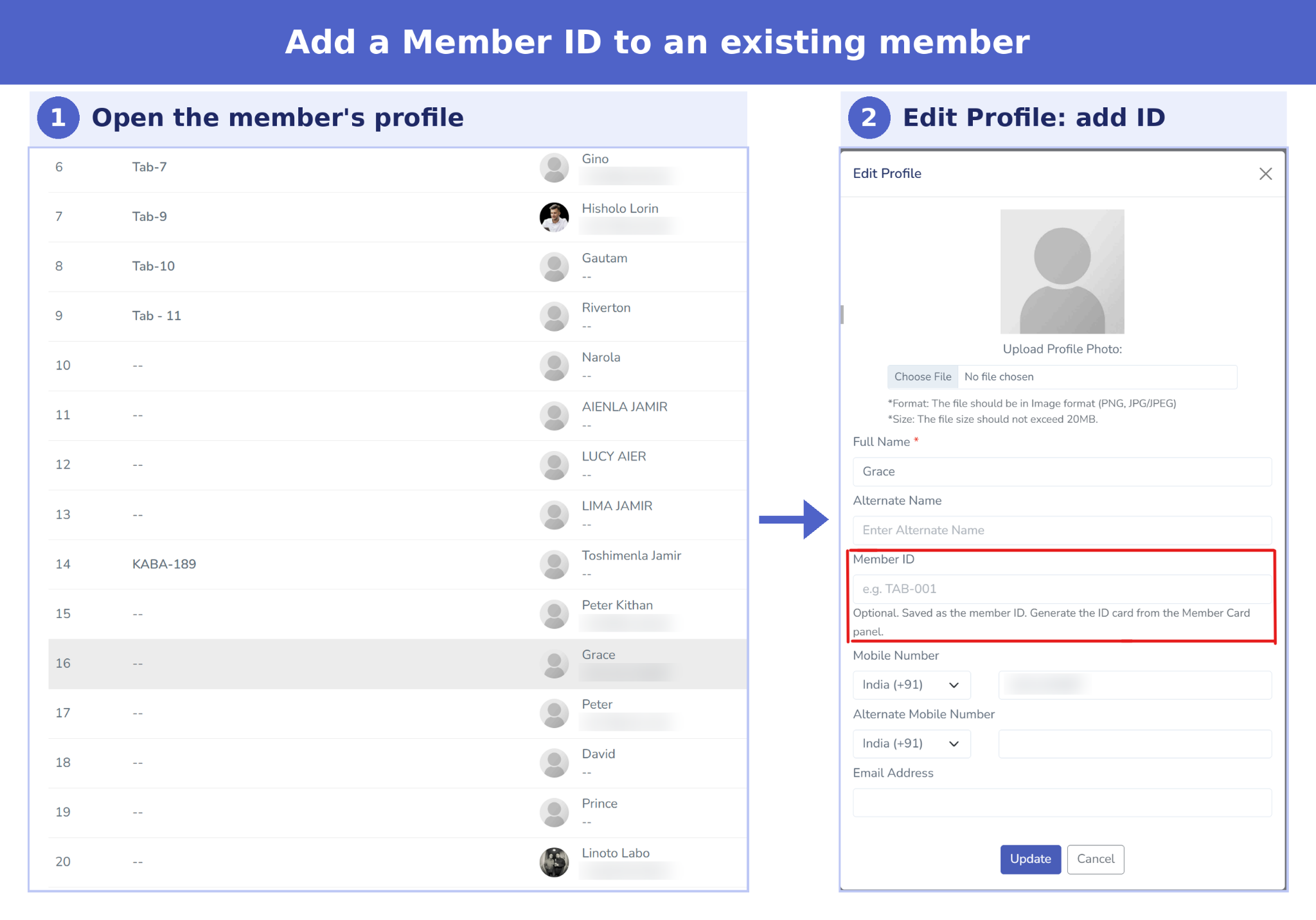 Step-by-step screenshot showing how to add a Member ID to an existing member in Tabernacle by opening their profile and editing the Member ID field&nbsp;