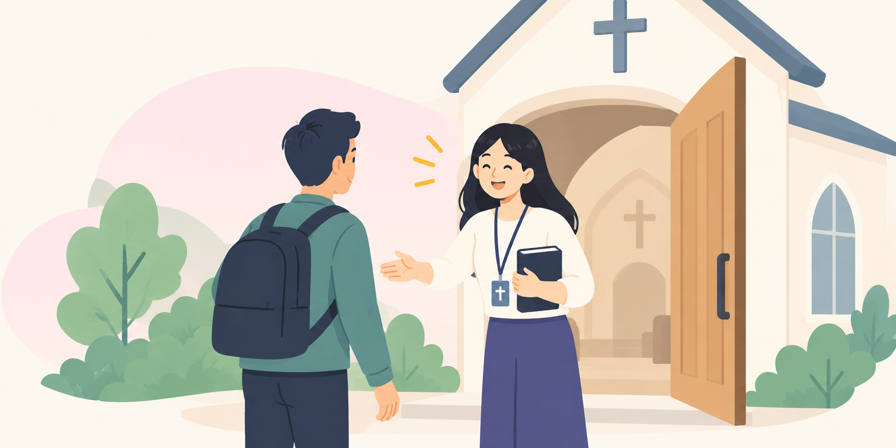 Illustration of a church greeter holding a Bible and welcoming a visitor at the church entrance