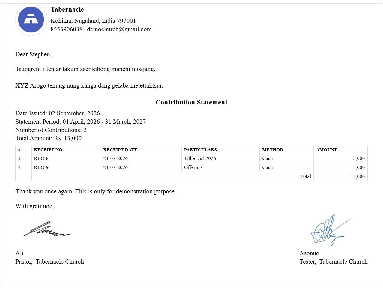 Alt text: Tabernacle church management software annual contribution statement PDF template showing itemized tithe and offering giving summary&nbsp;
