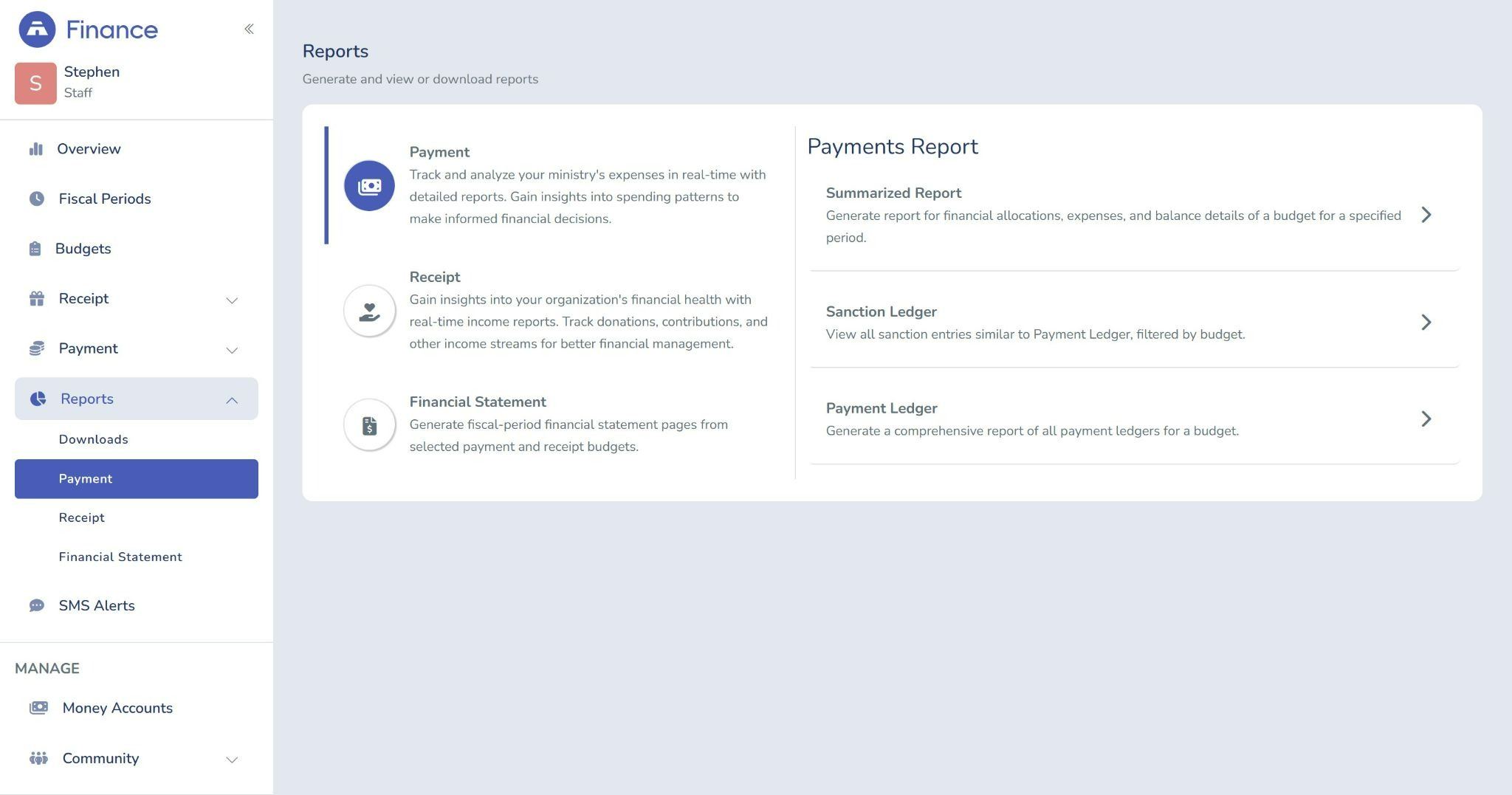 Tabernacle software Finance module displaying the Payments Report dashboard with options to generate Summarized Reports, Sanction Ledgers, and Payment Ledgers.