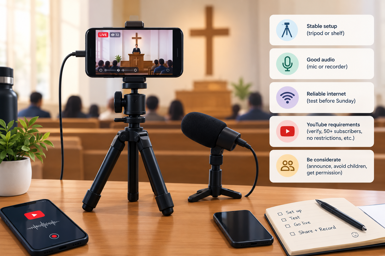 Smartphone on a tripod streaming a church service, with a microphone for clear audio and equipment for recording sermons.