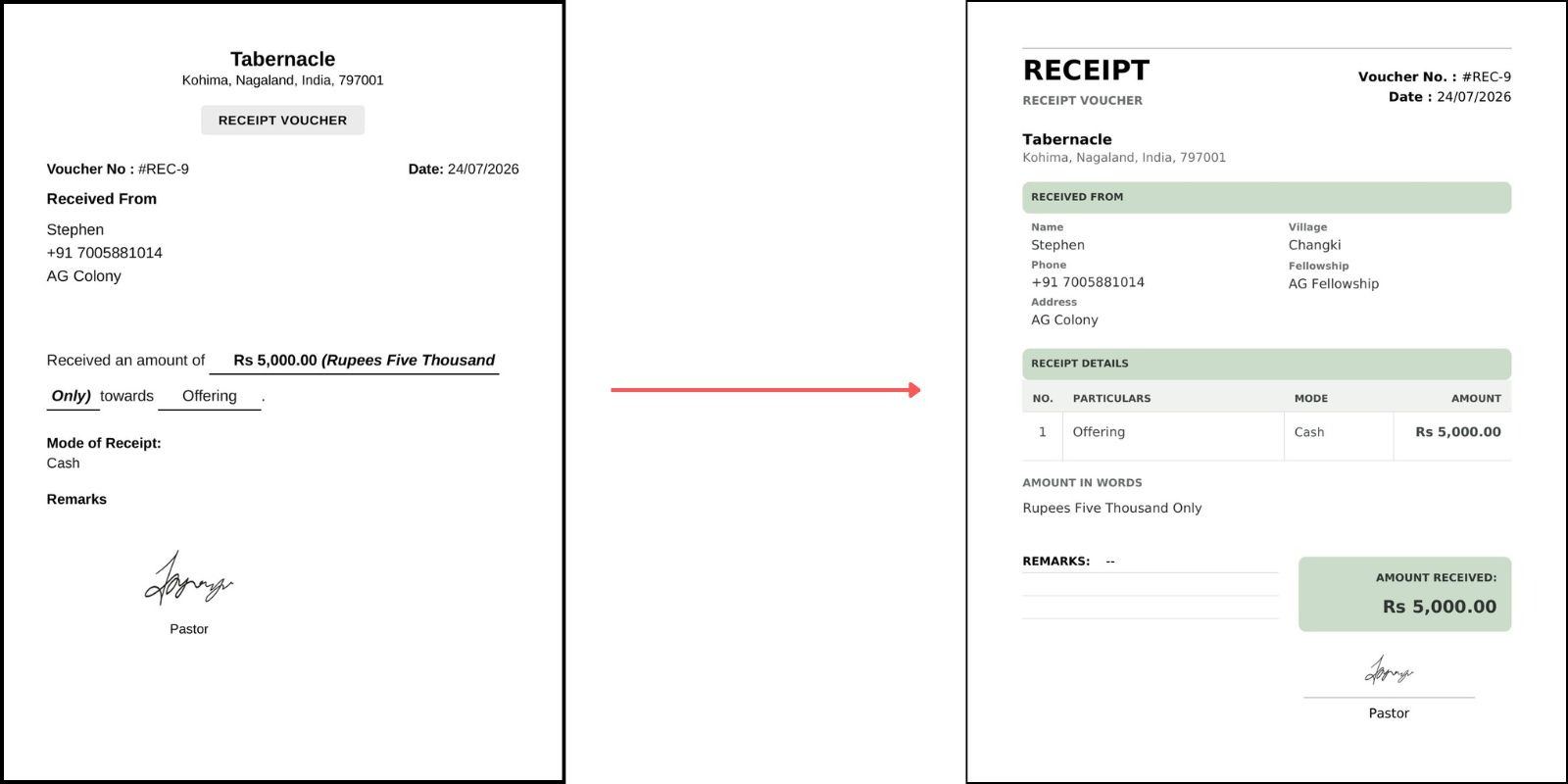 Comparison showing old traditional church receipt format next to redesigned Tabernacle digital receipt template with member village and fellowship details&nbsp;