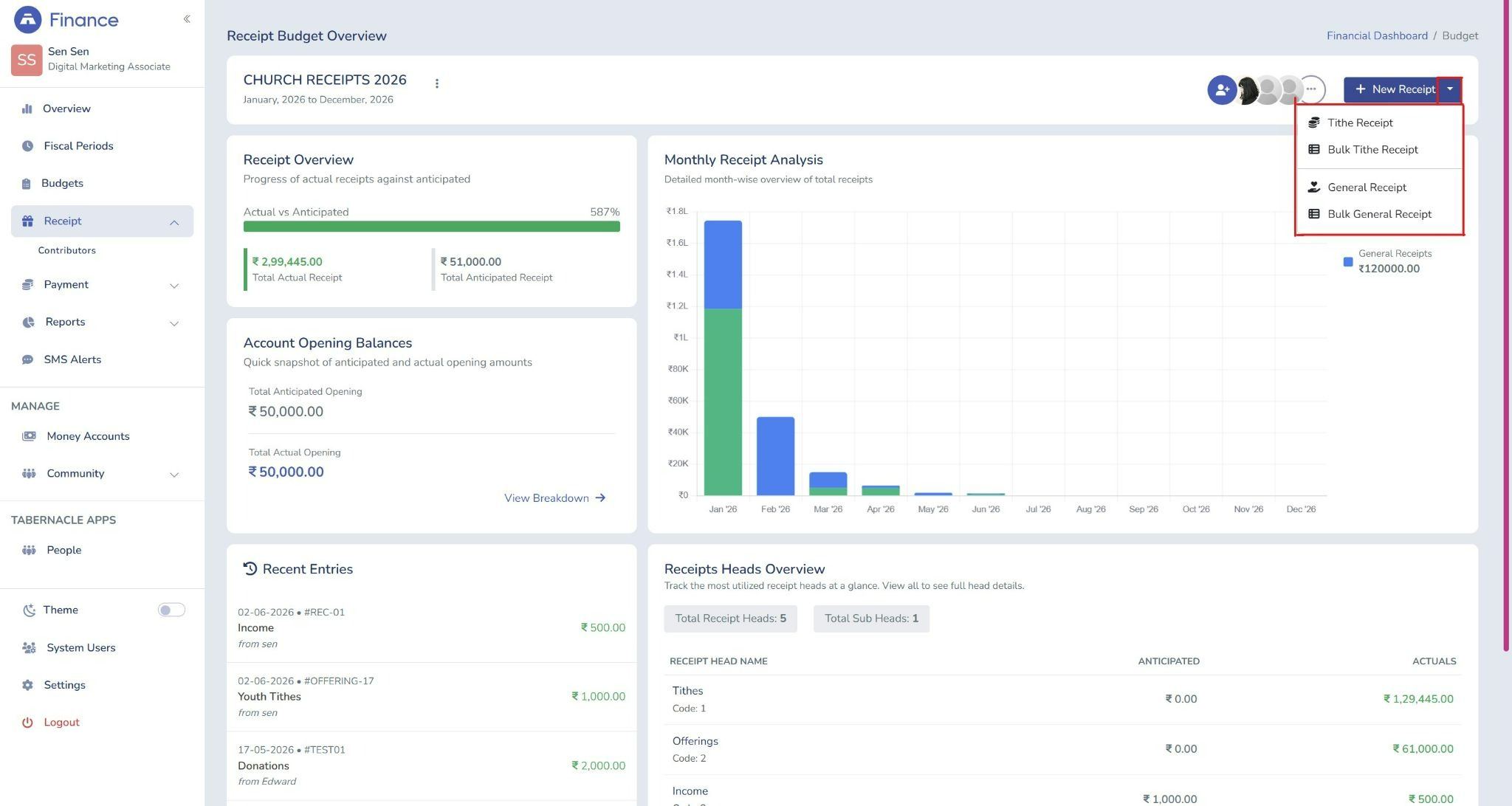 Bulk Entry Support for General Receipts And Bulk Entry Support for Tithe Receipts