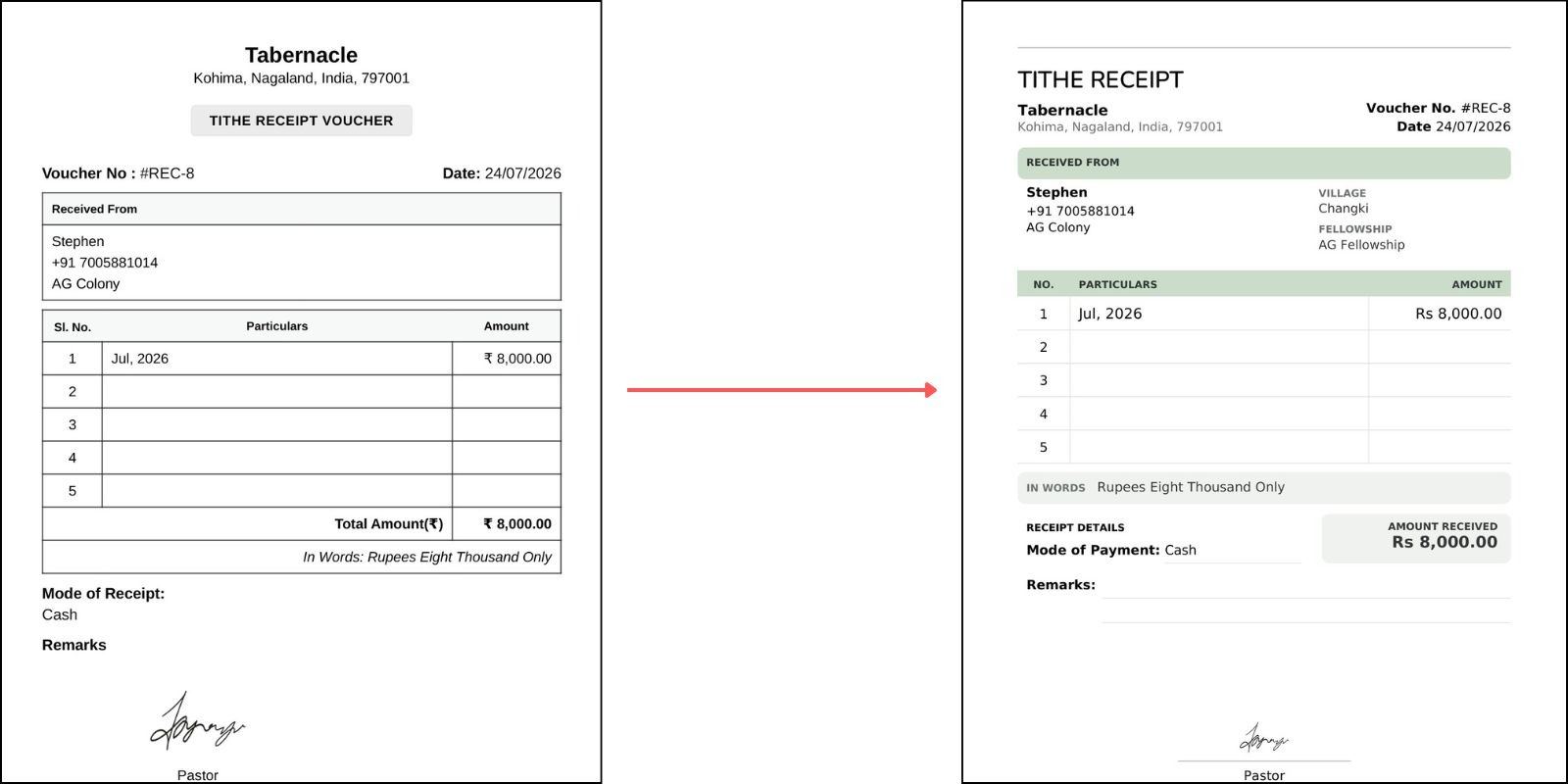 Before and after visual comparison of legacy church tithe receipt voucher versus modern redesigned receipt layout in Tabernacle software&nbsp;