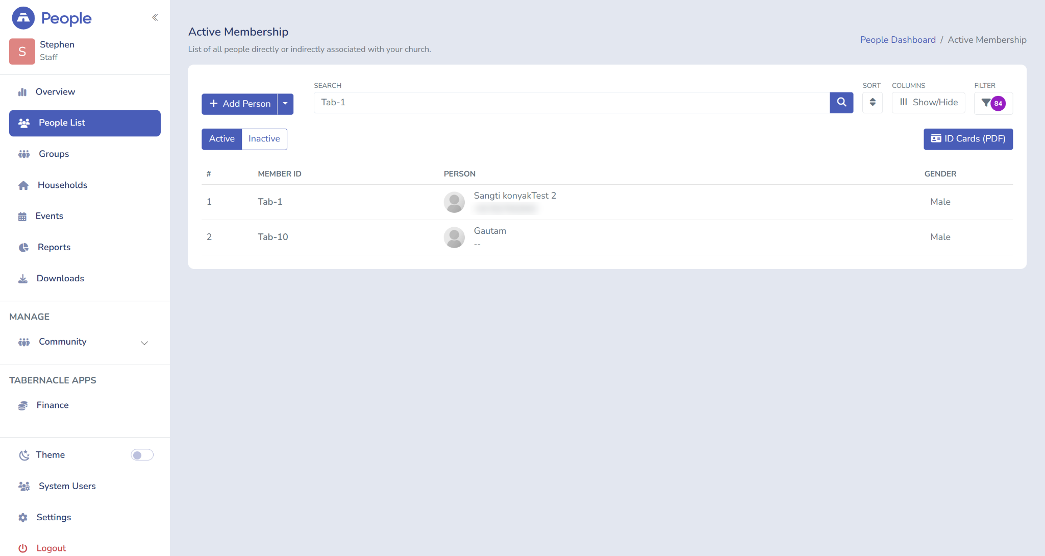 Screenshot showing how to search for a member by Member ID in Tabernacle People List using the search box