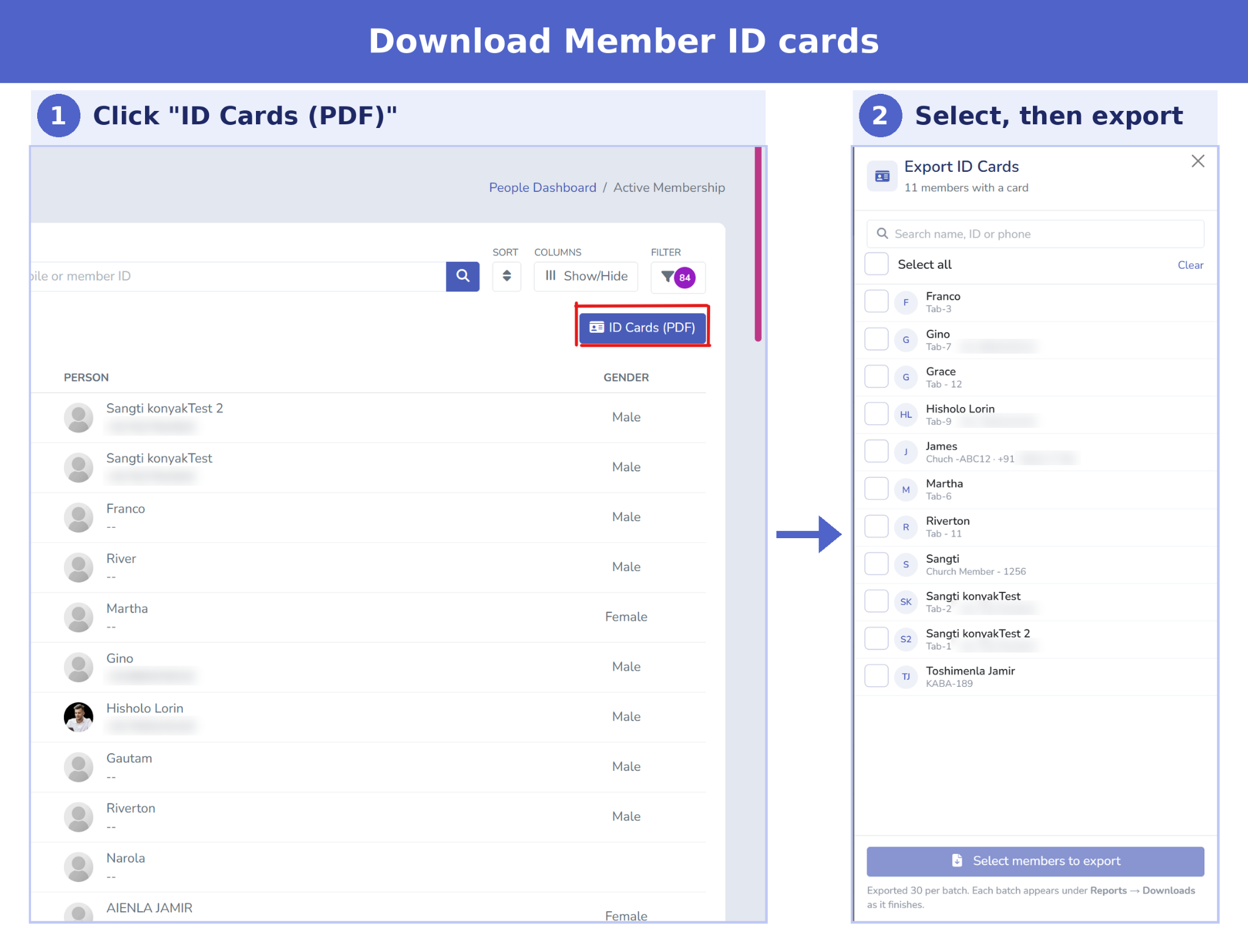 Step-by-step screenshot showing how to download Member ID cards as PDF in Tabernacle - clicking ID Cards PDF and selecting members to export