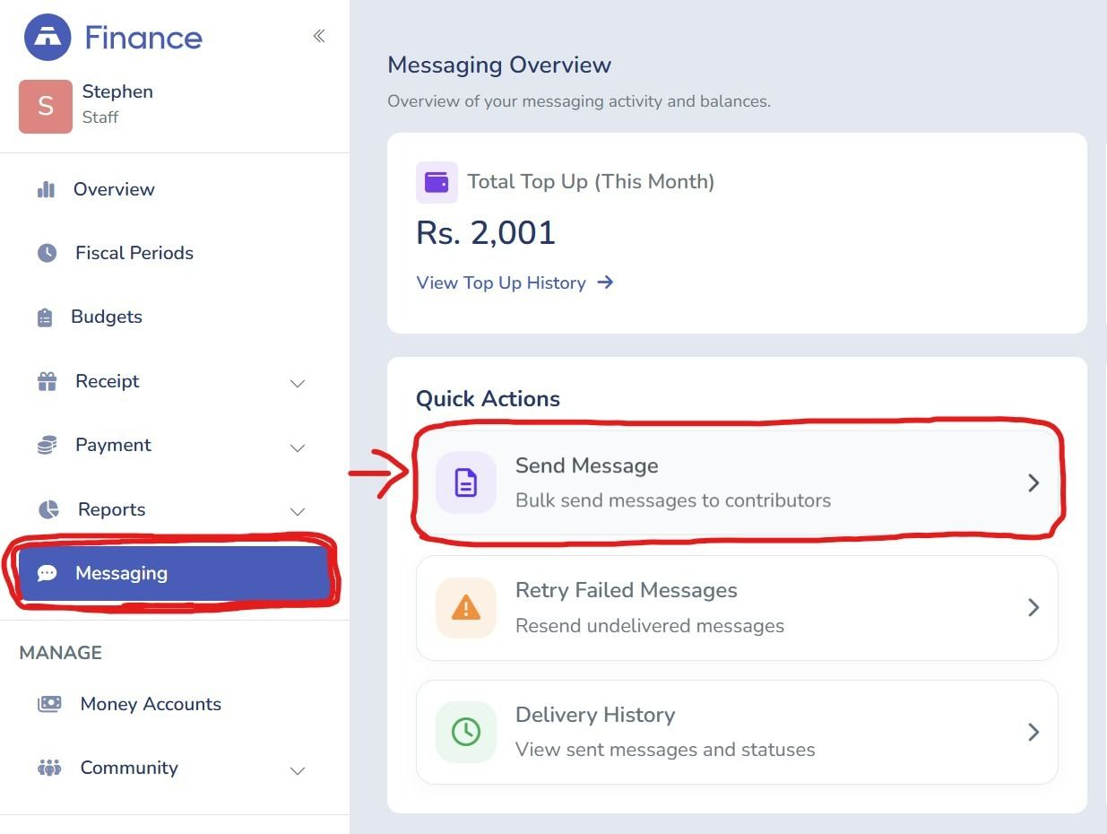 Tabernacle Finance module showing the Messaging tab with Send Message option for bulk receipts