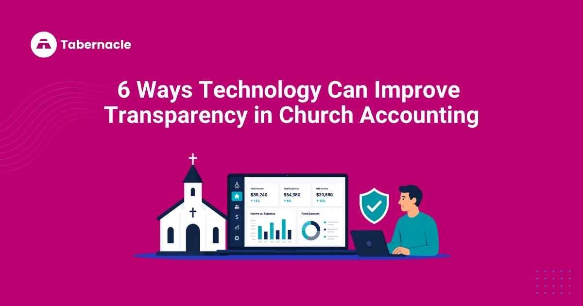 Illustration of a church building beside a financial dashboard showing income, expenses, and fund balances, representing technology improving transparency in church accounting