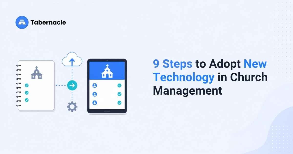 Tablet with cloud upload icon representing steps to adopt church management technology