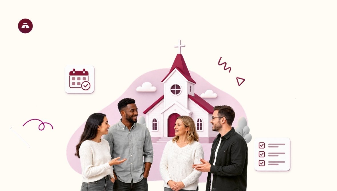 Illustration of a small congregation standing outside a church representing church software for small churches
