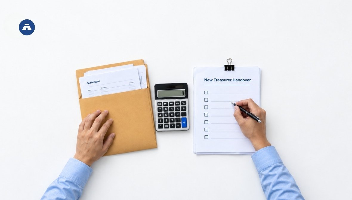 Church treasurer handover: hands resting on an envelope of financial statements beside a calculator and a blank New Treasurer Handover checklist