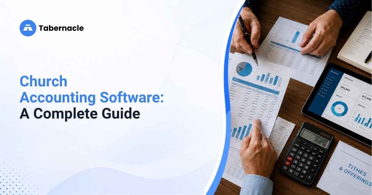 Hands reviewing financial charts and tithes and offerings paperwork representing church accounting software