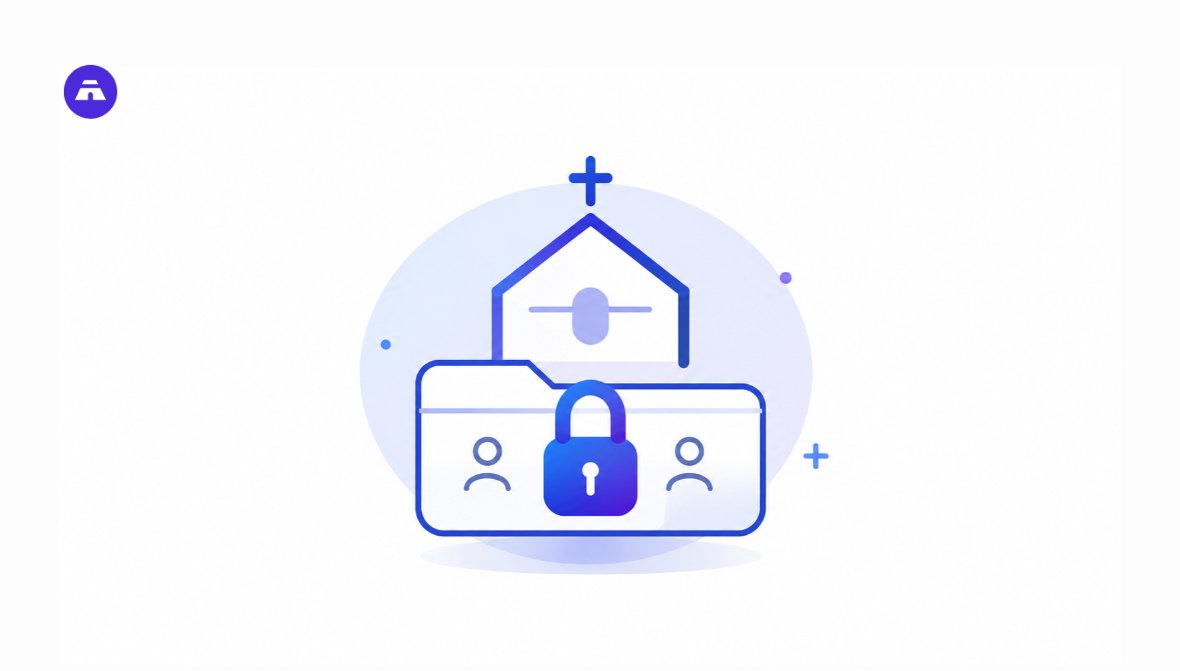 Illustration of a church building above a locked folder with member icons, representing church data security
