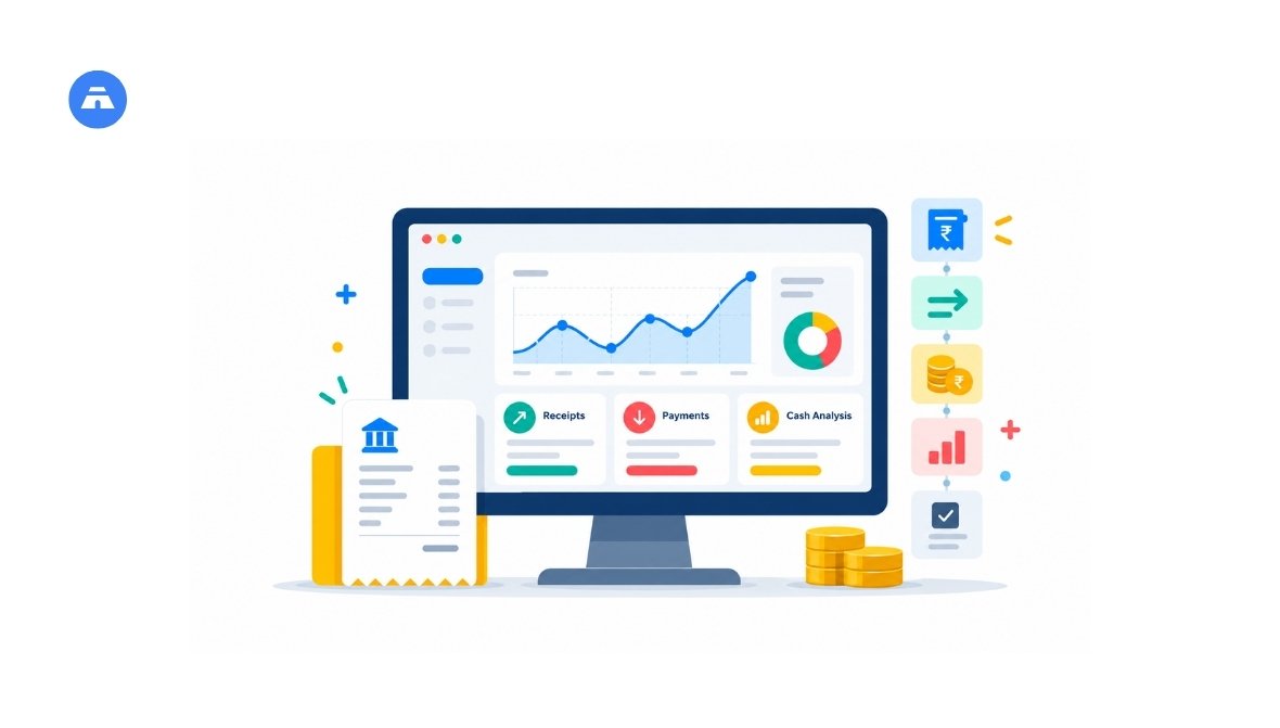 Financial dashboard with charts and rupee icons representing a fiscal statement report for receipts, payments, and cash analysis