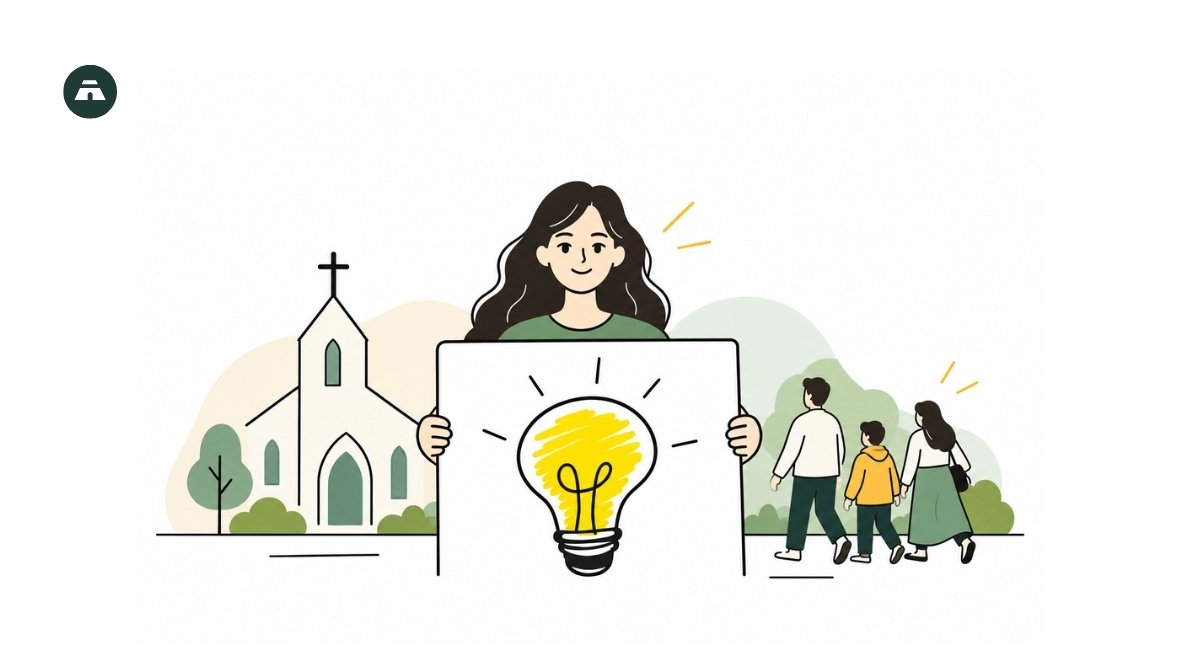 Illustration of a church leader holding a sign with a lightbulb next to a family walking toward a church building