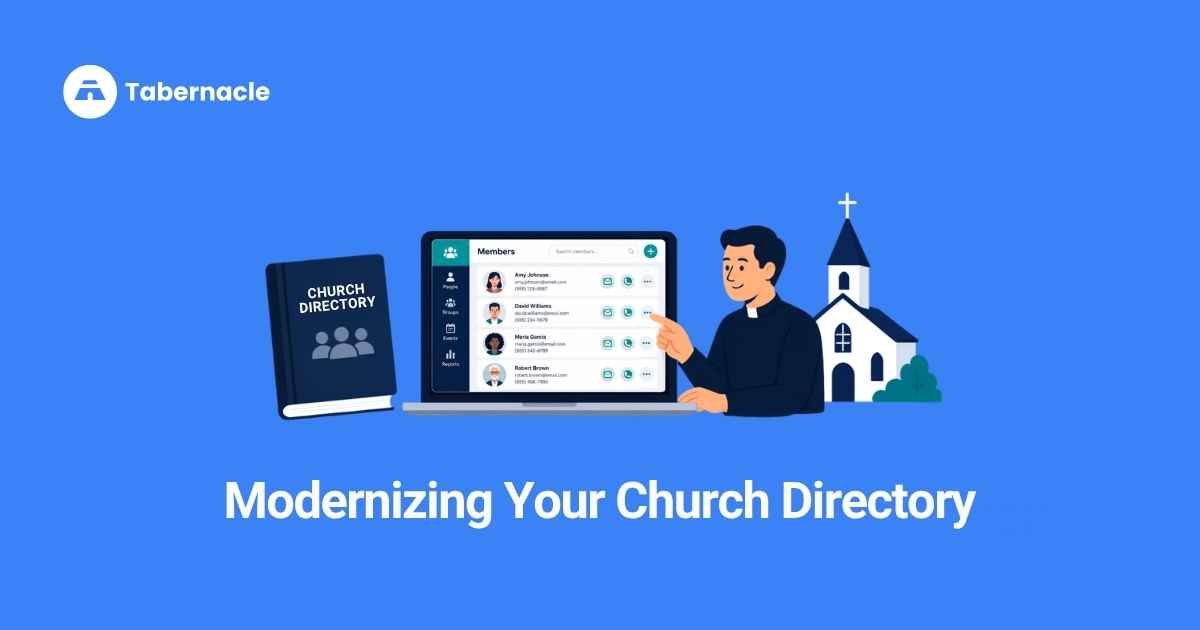 Illustration of a pastor pointing to a digital church member directory on a laptop next to a paper directory book, representing modernizing a church directory