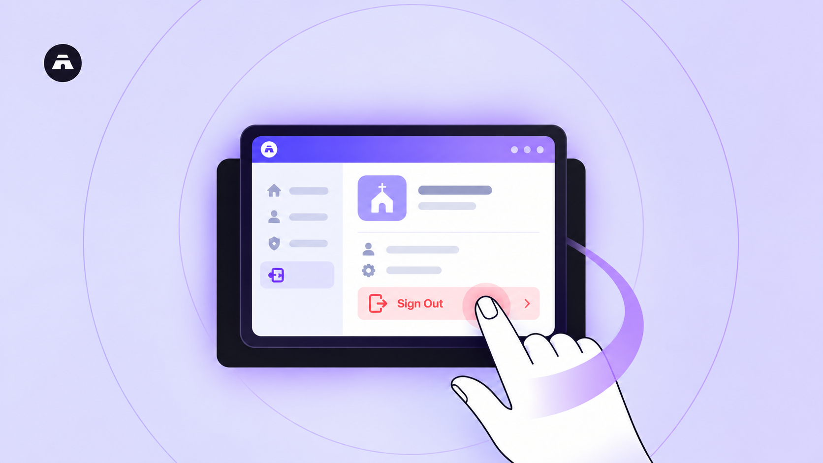Remote logout in Tabernacle: a hand taps Sign Out on an admin screen