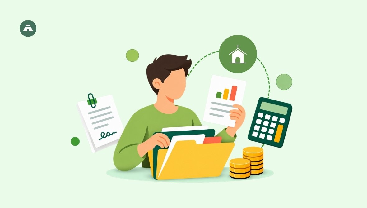 Illustration of a church treasurer holding a financial report, surrounded by a signed document, calculator, coins, and a folder, with a church icon above.