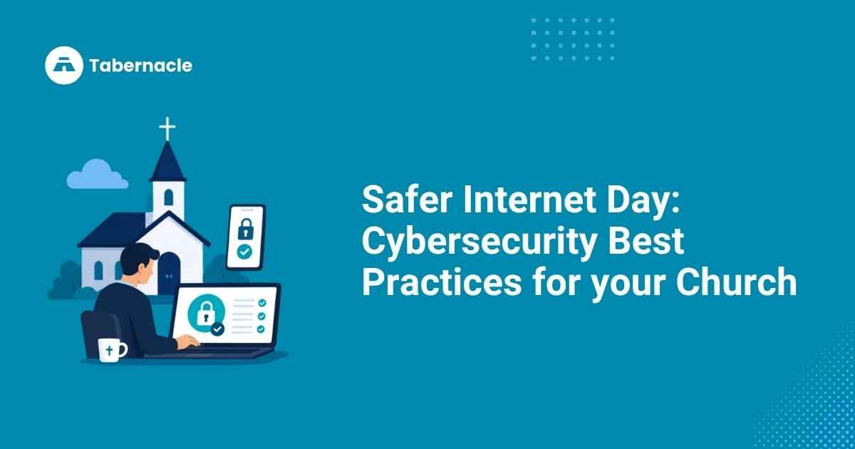 Illustration of a man securing church data on a laptop beside a church building, representing cybersecurity best practices for churches on Safer Internet Day