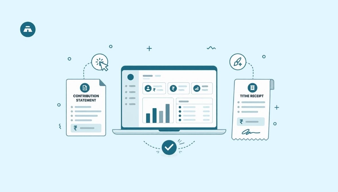 Tabernacle church management software product update banner featuring one-click contribution statements and new tithe receipt design