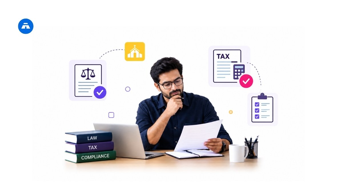 Gavel, documents, and calculator representing legal compliance for churches