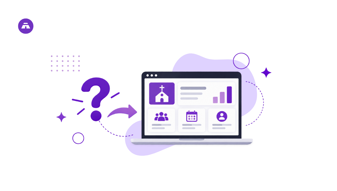 Illustration of a church considering switching to church management software, shown with a laptop, question mark, and church icons