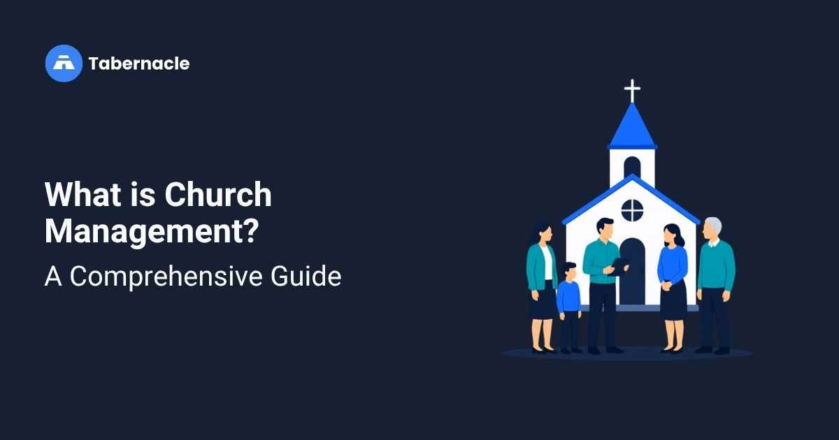 Illustration of a church and congregation representing a guide to church management