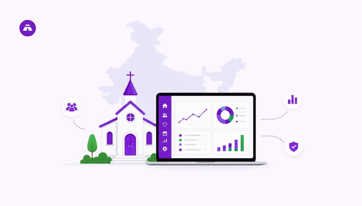 Why Indian Churches Are Switching to Tabernacle' featuring an illustrated map of India with church markers connected to a digital dashboard.