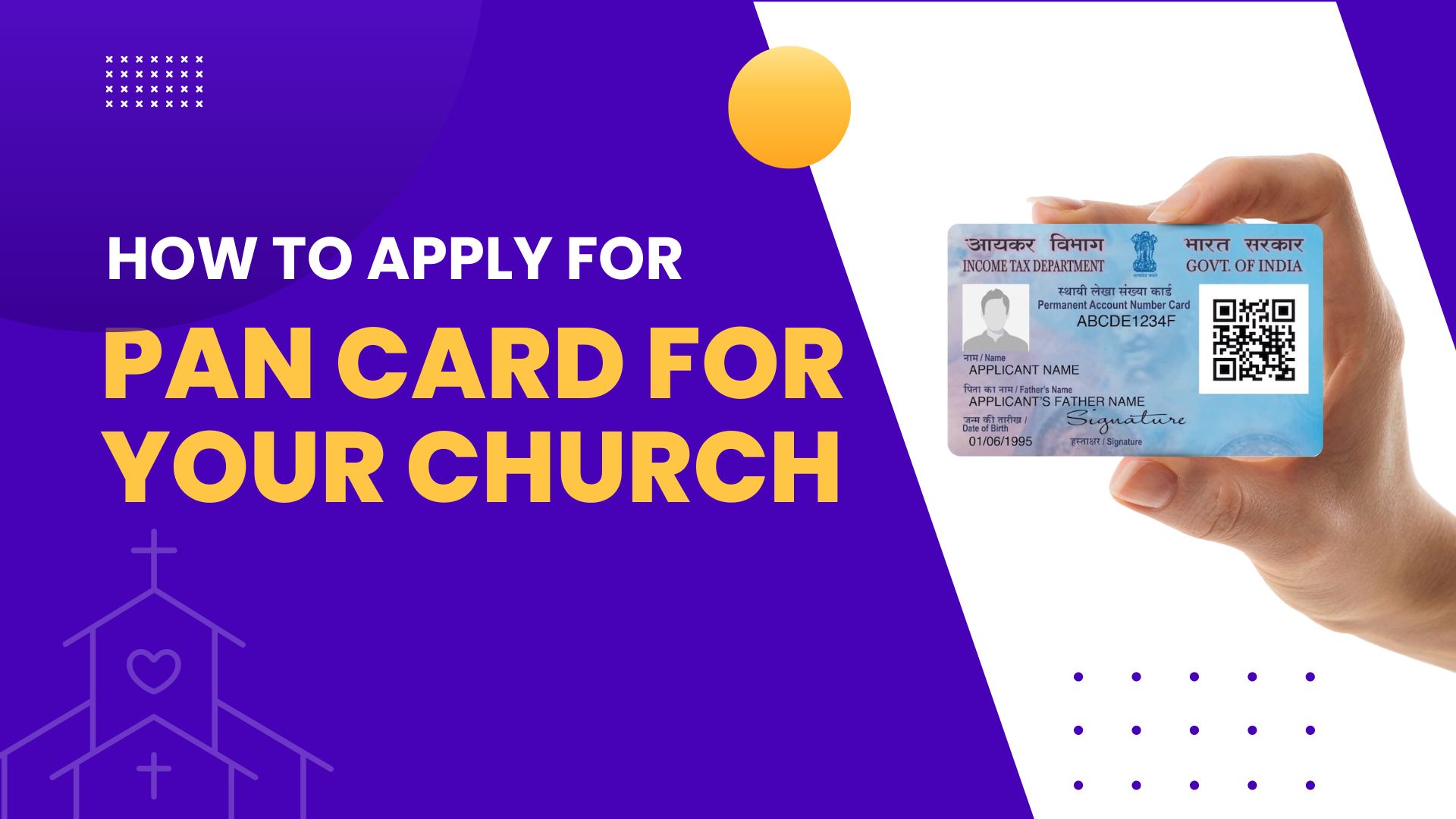 An instructional graphic showing a hand holding an Indian PAN card against a purple background, used to lead the step-by-step guide on applying for a church PAN card.