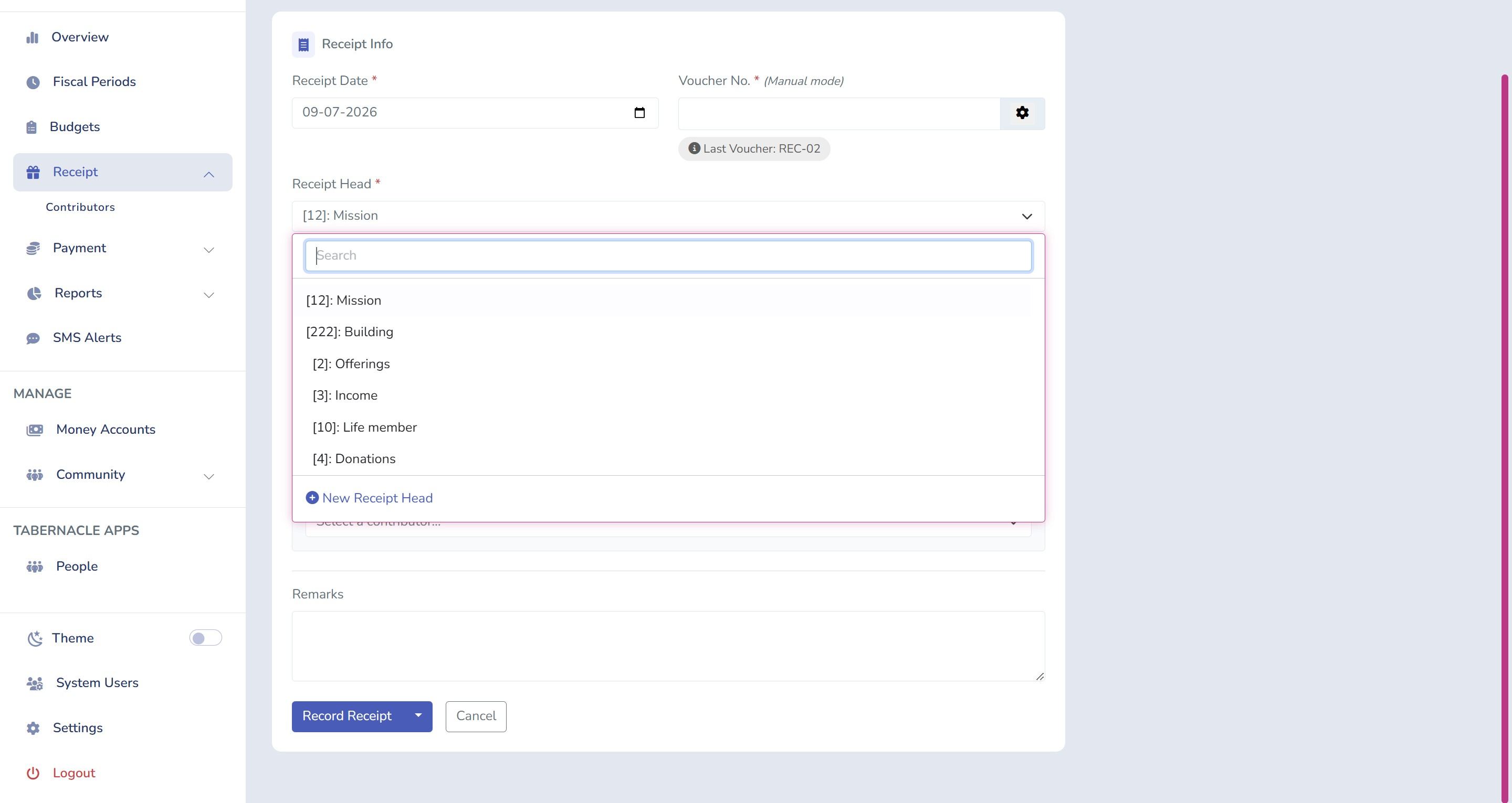 church donation management software showing fund selection at point of entry in Tabernacle finance module 