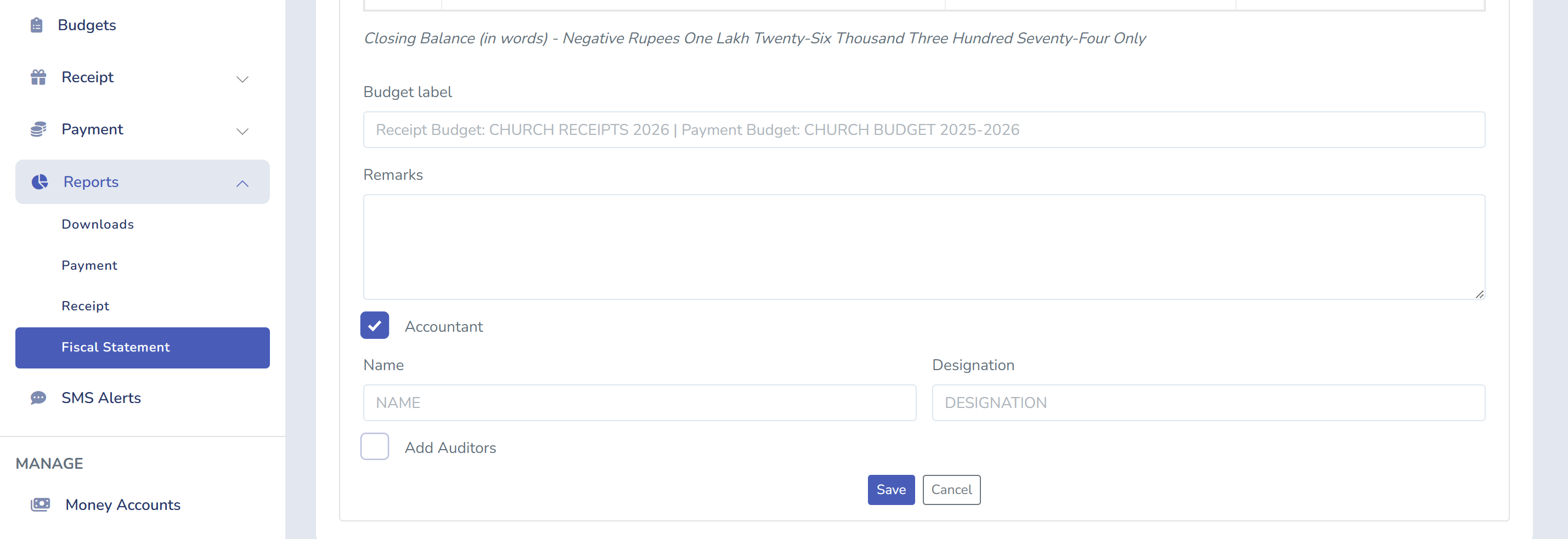 Edit form showing budget label, remarks, accountant name/designation fields